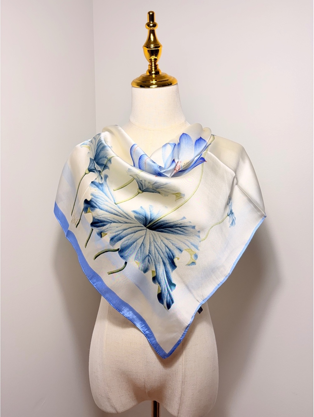 Elegant Blue and White Scarf with Lotus Flower Design, Lightweight